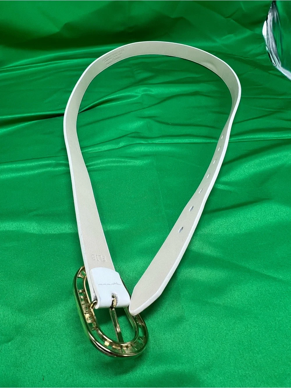 Tommy Hilfiger White Leather Belt with Gold Oval Logo Buckle